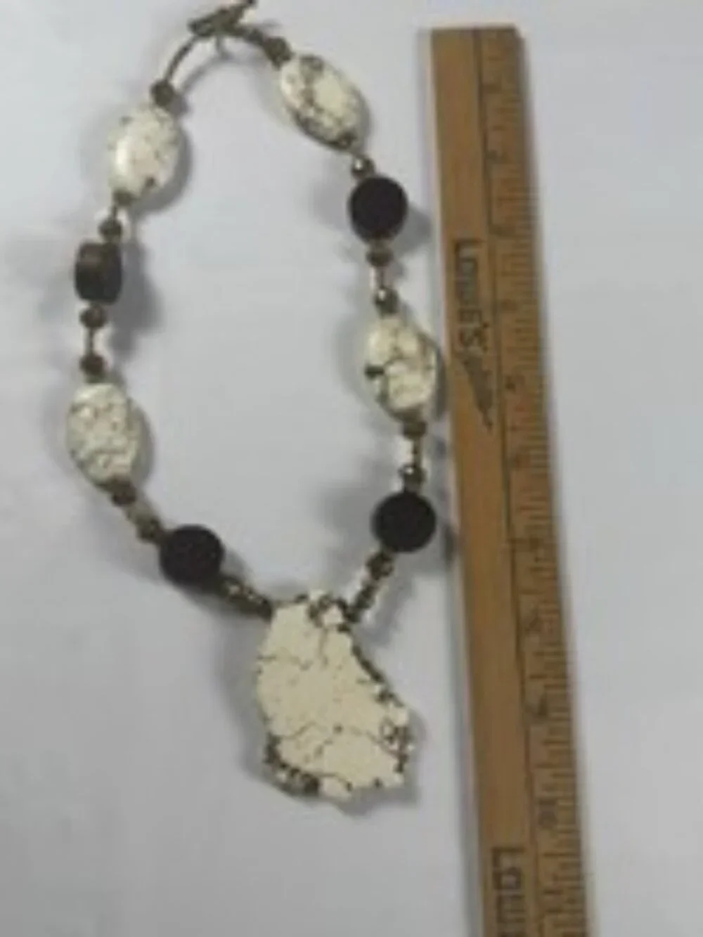 Vintage Boho White Howlite Stone Wood Slab Pendant Necklace Choker Toggle